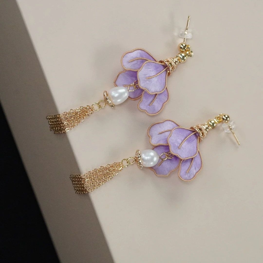 非金属布艺耳饰 紫色耳钉非遗绒花日常旗袍配饰古风手工心中式