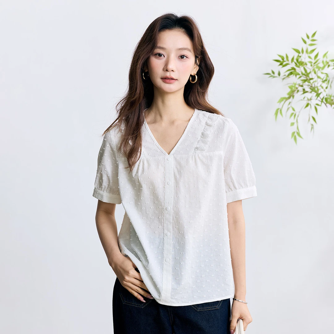 【一秒入夏】茵曼纯棉法式肌理感短袖白衬衫女2025夏季V领薄款衬衣