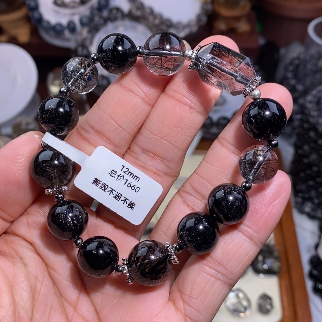 未镶嵌手链水晶黑发晶随形设计款12mm全透体满发蕾丝