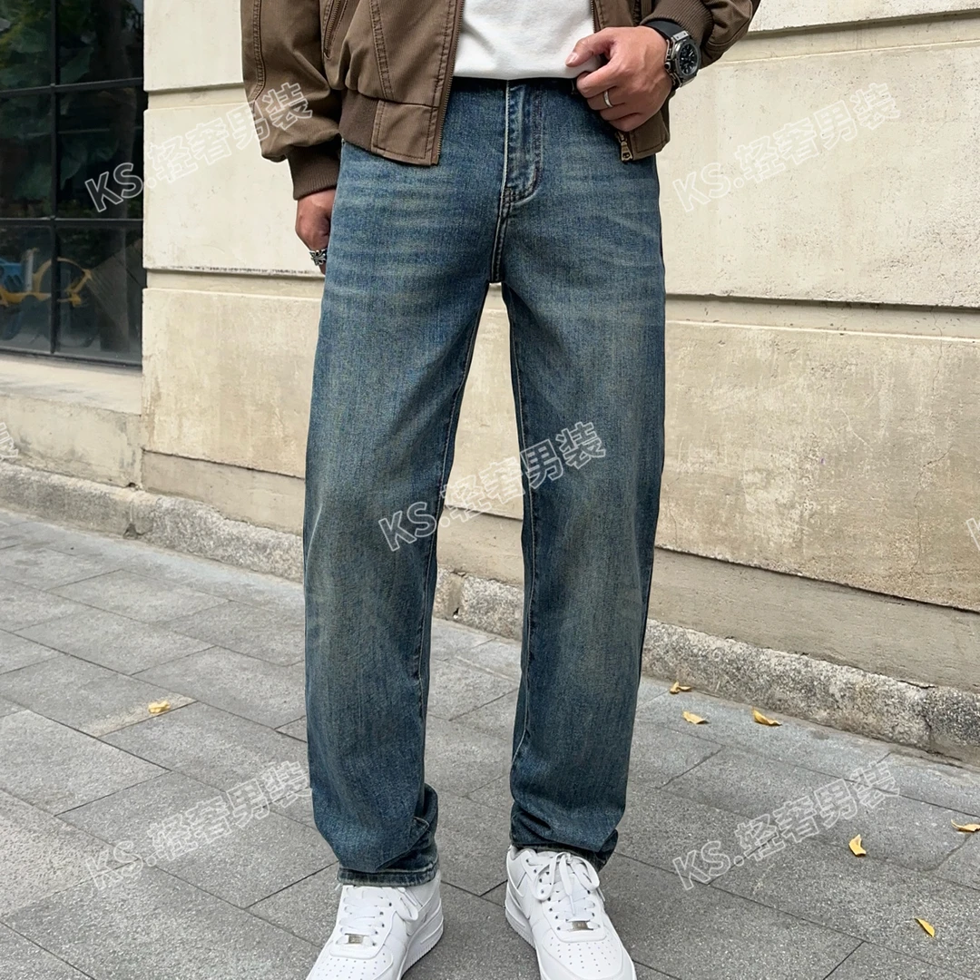 男士秋冬修饰腿型直筒裤韩版潮流日系拉链弹力牛仔裤男士长裤水洗