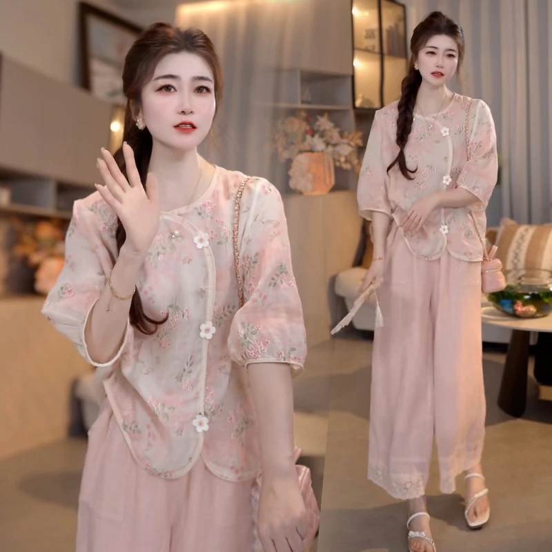 高级感国风碎花衬衫2025年夏季新款休闲气质宽松显瘦圆领中袖上衣