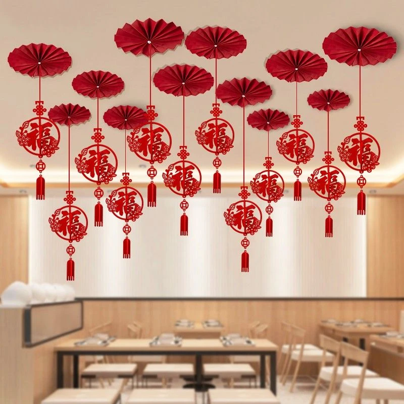 2026马年新款元旦商场装饰挂件福字吊饰春节店铺客厅屋顶布置拉花