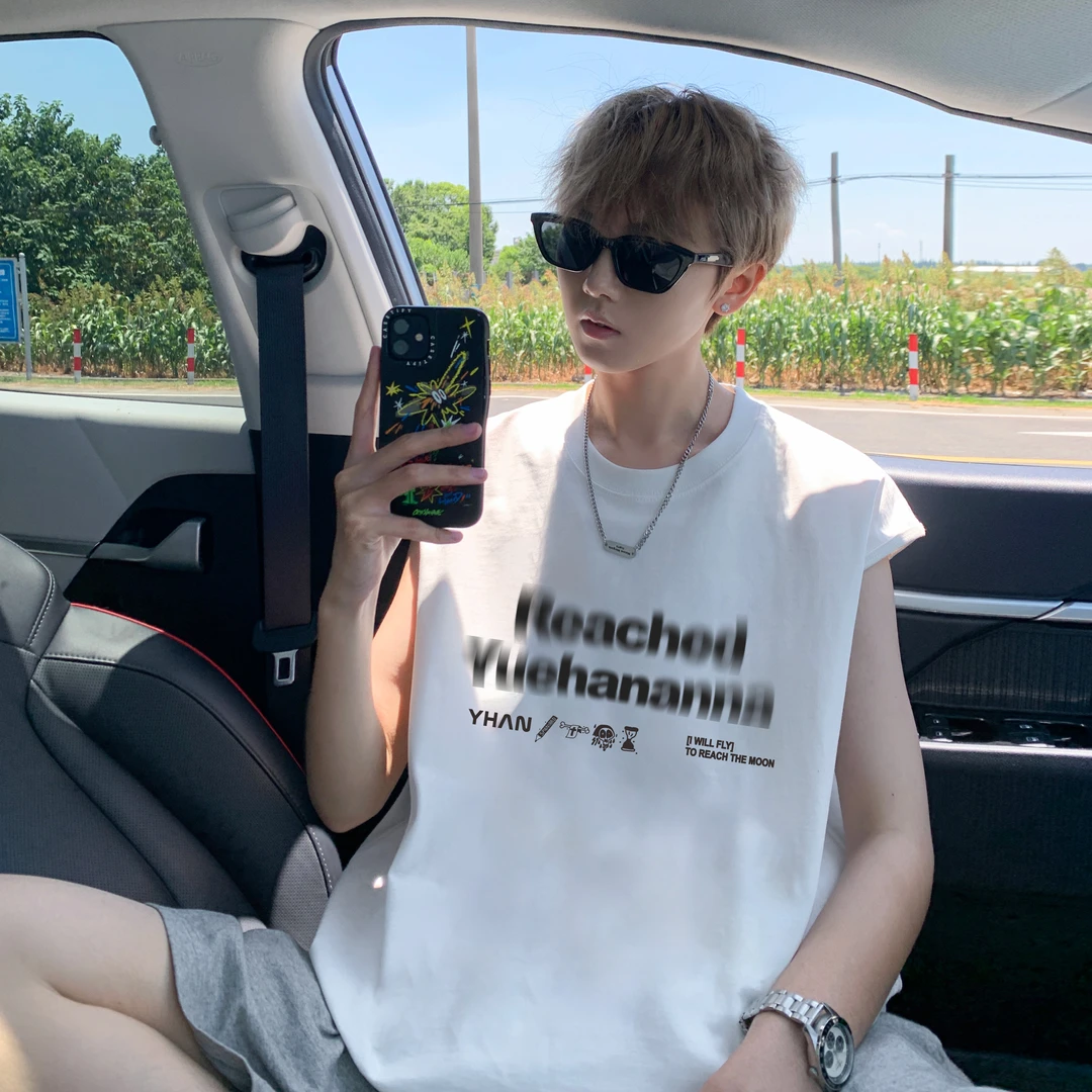 美式背心男款轻奢痞帅男装夏季新款潮流印花坎肩宽松圆领无袖t恤