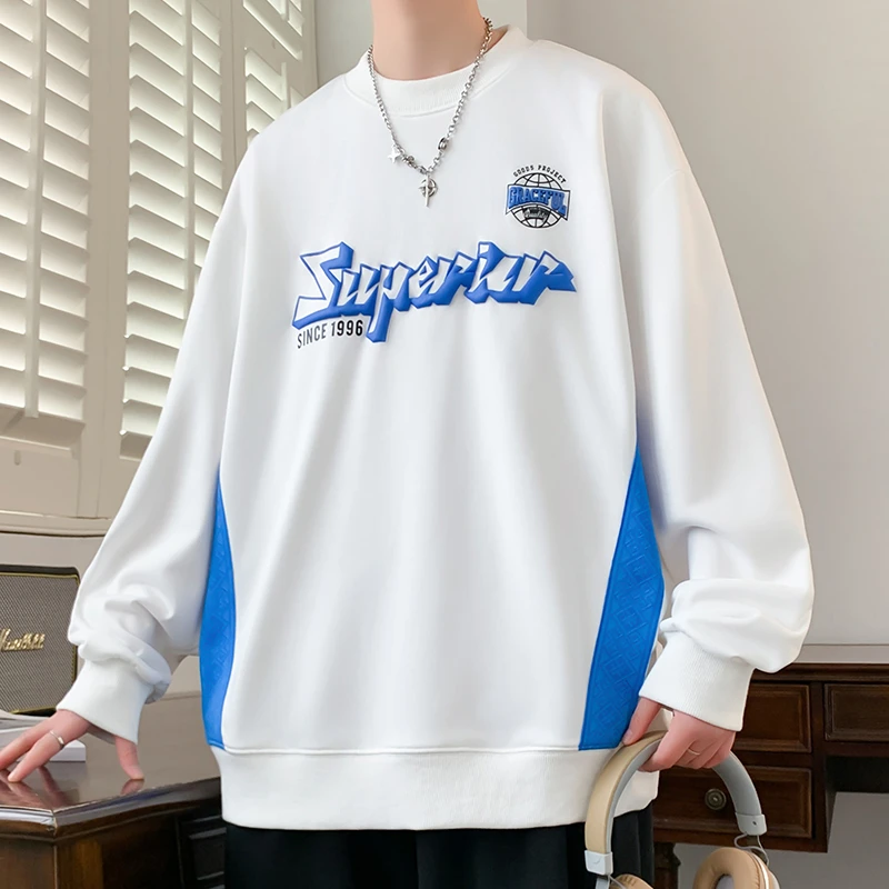 2025春季新款青少年圆领卫衣潮牌宽松长袖t恤内搭撞色拼接上衣男