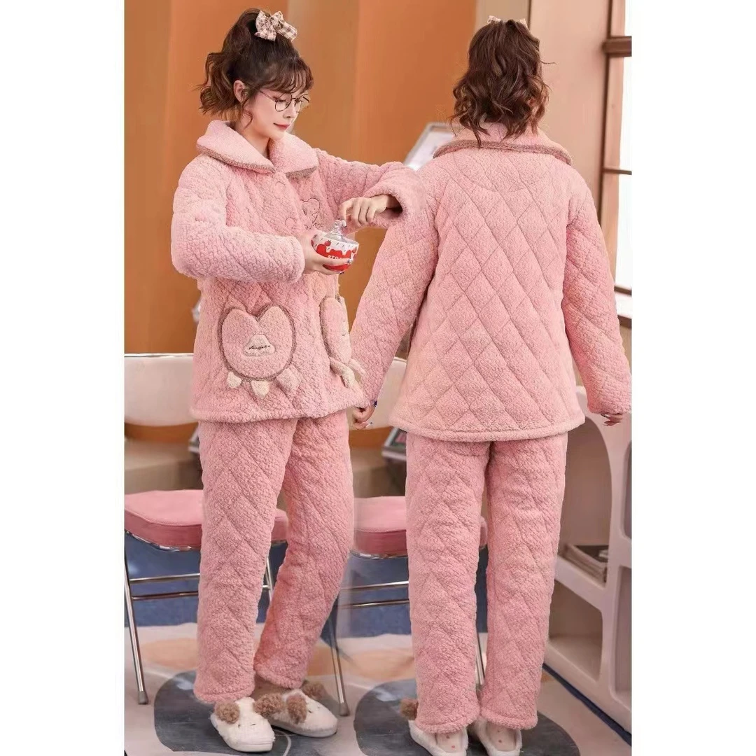 睡衣女秋冬季2024年新款三层夹棉加厚保暖大码家居服套装