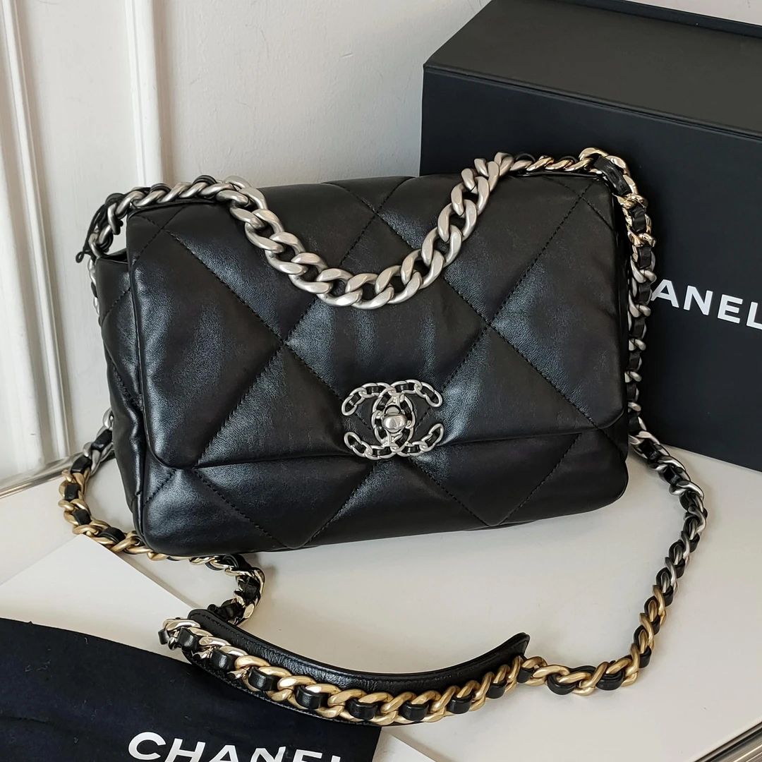 95新 Chanel/香奈儿 Azul-22S黑银羊皮19bag小号手提斜挎包/47785
