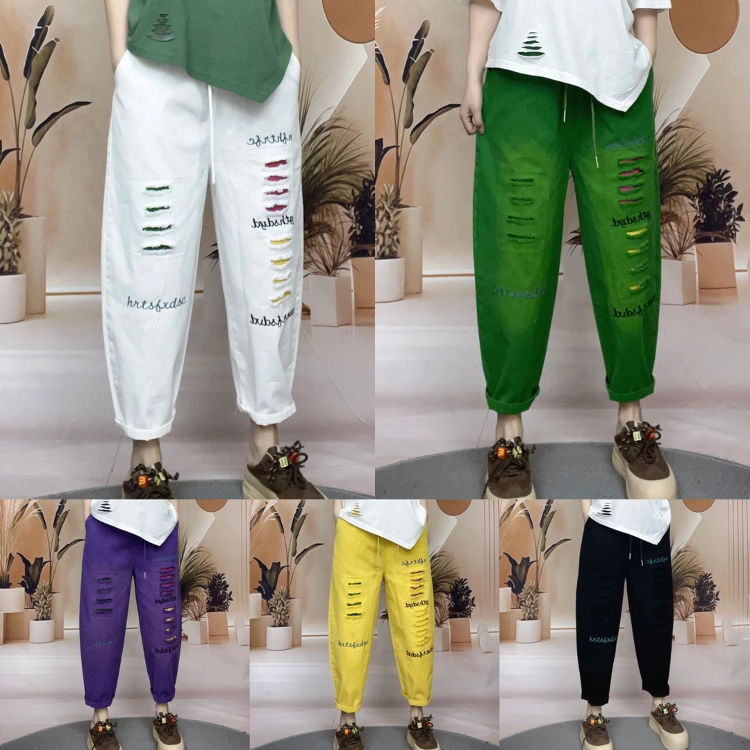 破洞2025年新款春夏萝卜裤子宽松老爹裤哈伦裤女裤九分裤休闲时尚