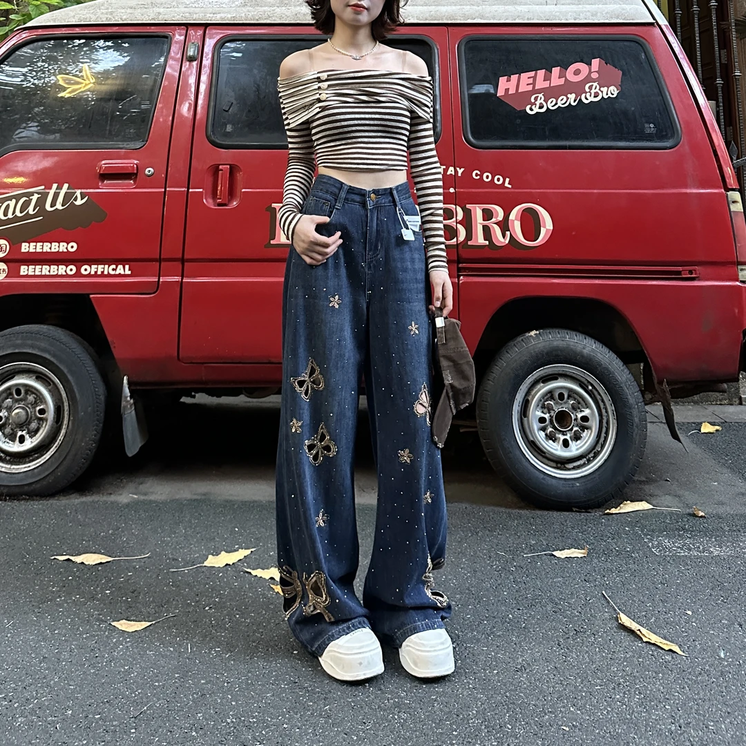 设计感镂空刺绣烫钻阔腿拖地裤女