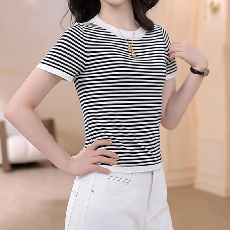 莱赛尔天丝条纹短袖针织打底衫女夏薄款圆领t恤衫短款百搭上衣T恤
