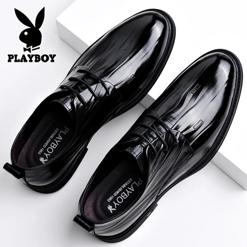 花花公子男士皮鞋真皮商务正装内增高黑色尖头结婚新郎鞋大码小码