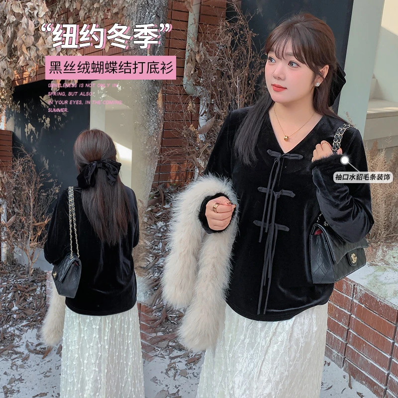 复古新中式国风丝绒上衣大码女装200斤胖妹妹V领绑带打底衫431025
