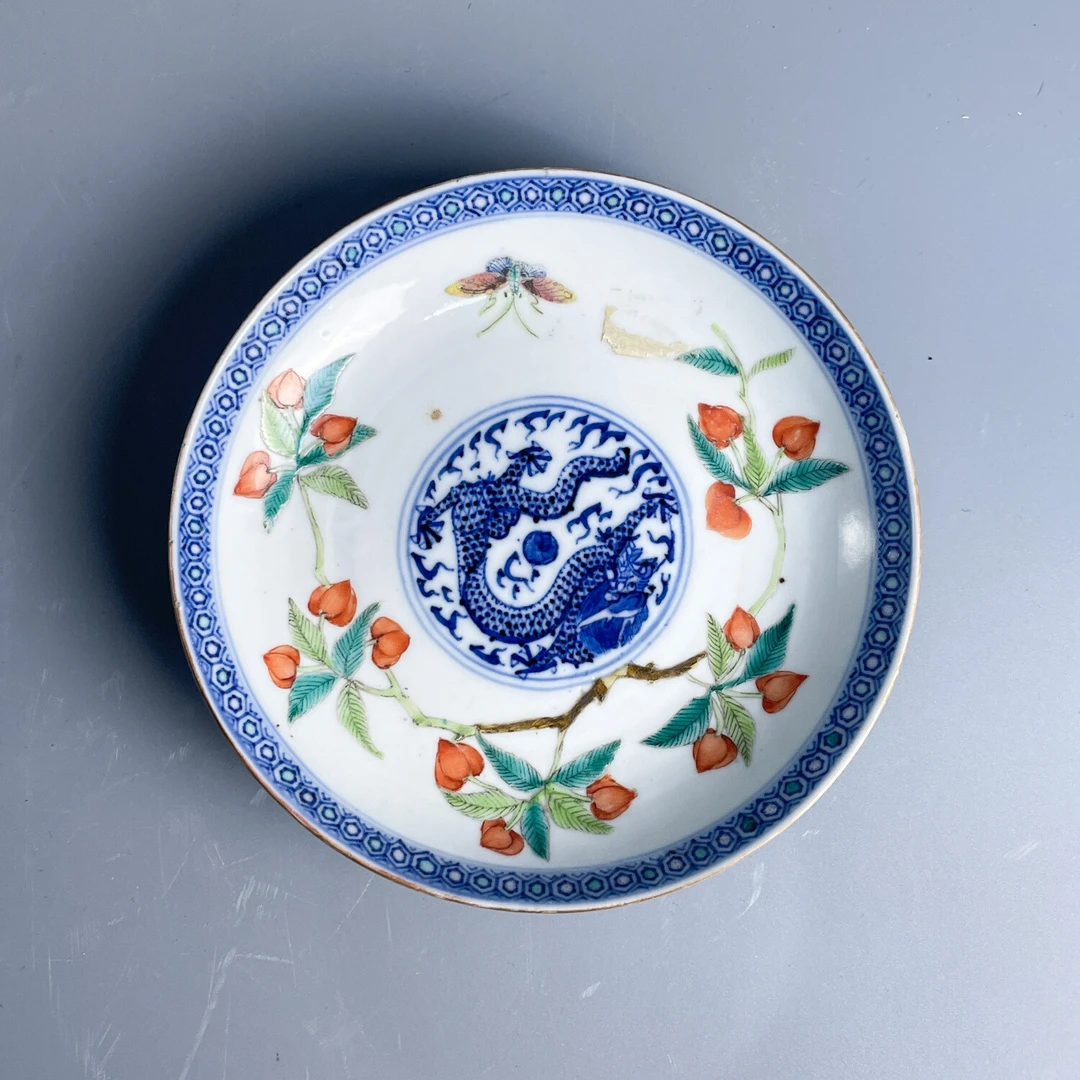 M25KD008B06 - 民国青花加彩团龙纹盘