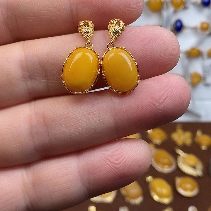 琥珀银S925镀金镶嵌耳饰