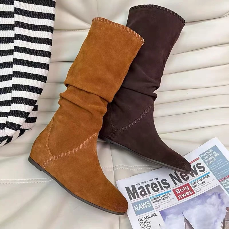牛皮版~增高6cm巴恩风复古西部靴女2025年新款慵懒感堆堆靴长筒靴