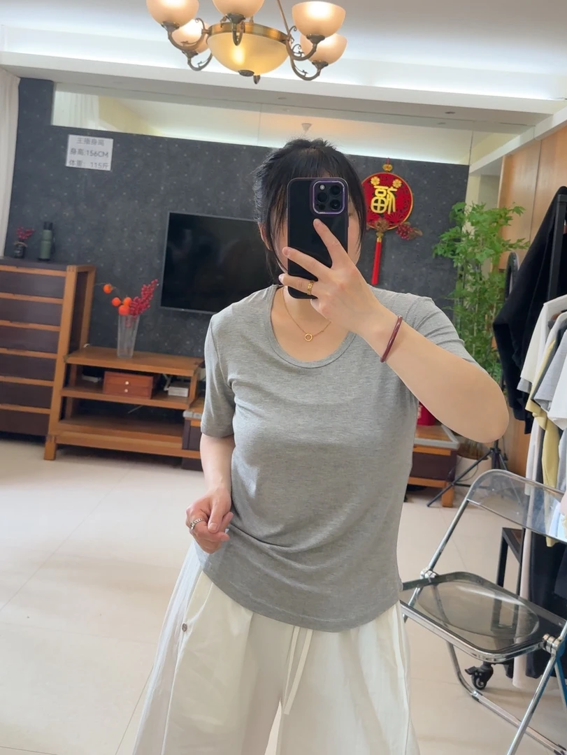 韩版简约纯色U领短袖t恤女宽松慵懒显瘦垂感正肩打底上衣夏季新款