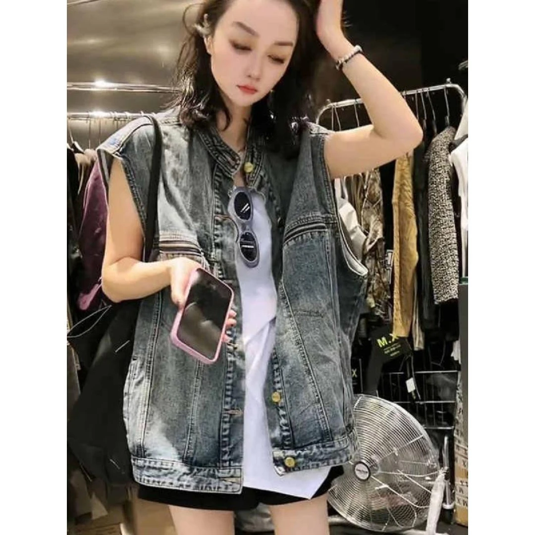大版时尚叠穿无袖牛仔马甲外套女早春夏秋新款宽松休闲背心马夹