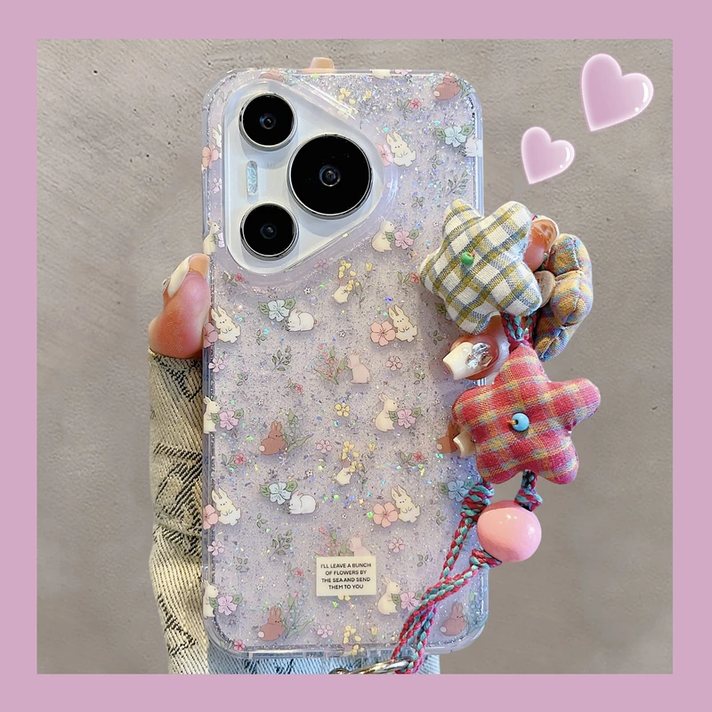 适用华为pura70pro+手机壳日韩ins风满屏闪粉小碎花兔子mate70pro