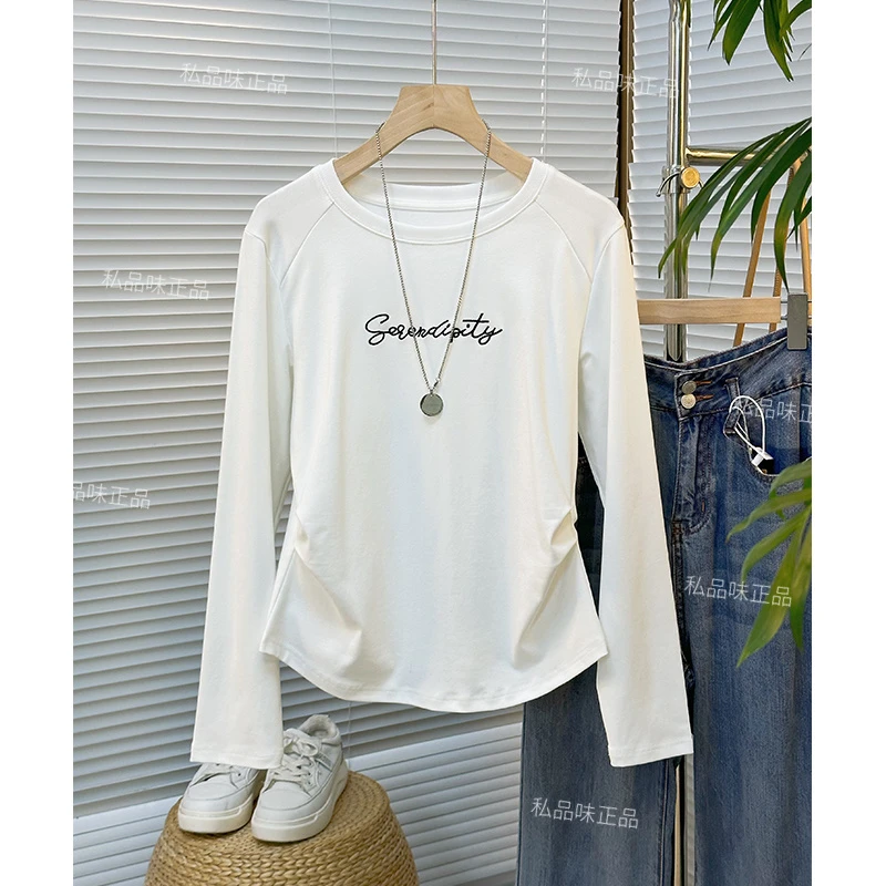 私品味白色长袖上衣秋款女新款显瘦字母刺绣t恤打底衫内穿W94240