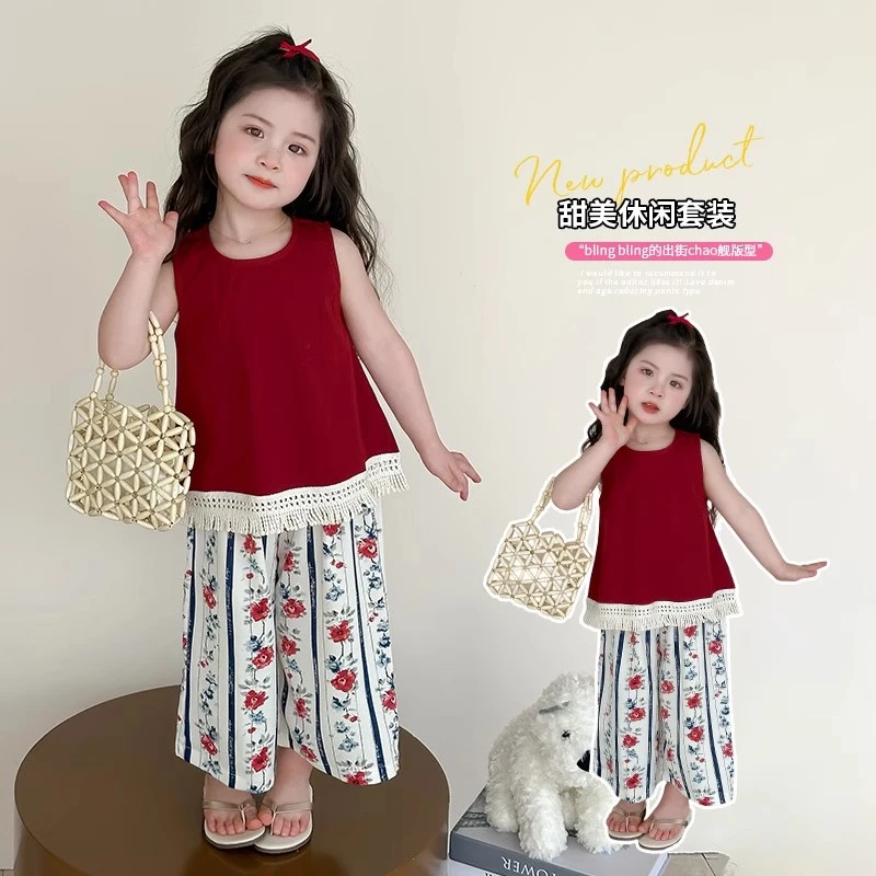 女童甜美流苏边无袖上衣碎花休闲裤两件套2025夏季新款TZ016钰