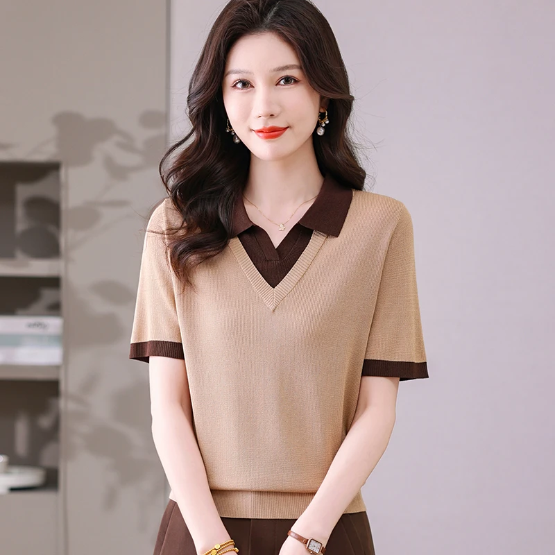夏季女士天丝套头翻领假两件宽松显瘦短款百搭外穿短袖针织衫