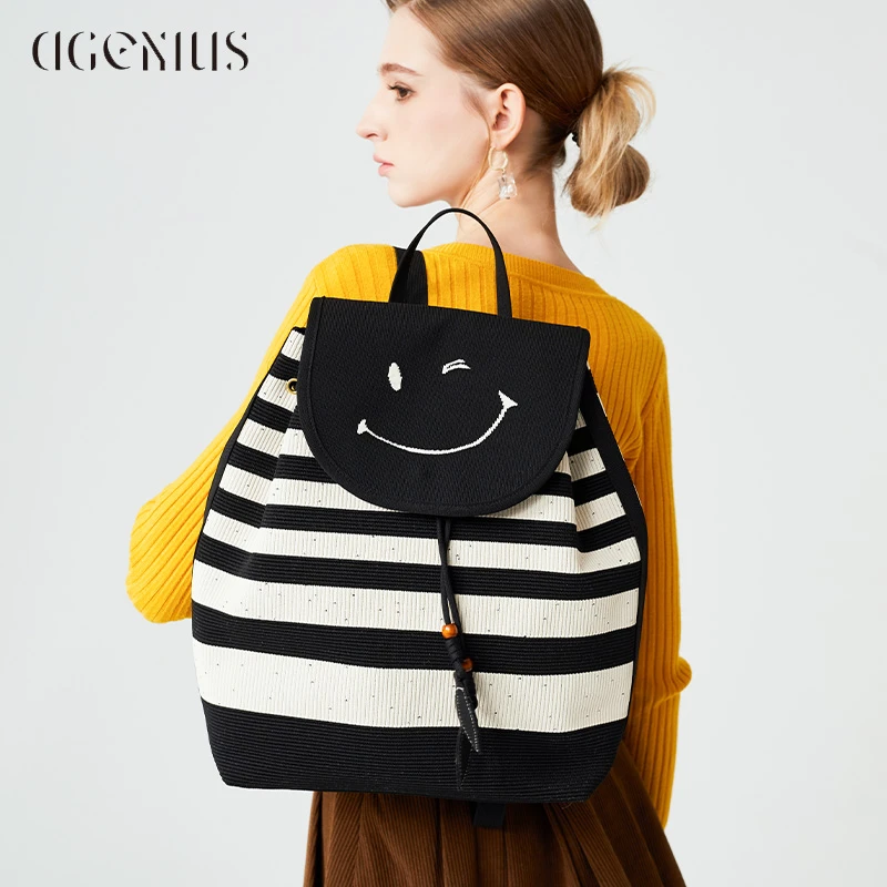 DGENIUS原创可爱卡通双肩包女2025新款条纹百搭包包逛街针织背包