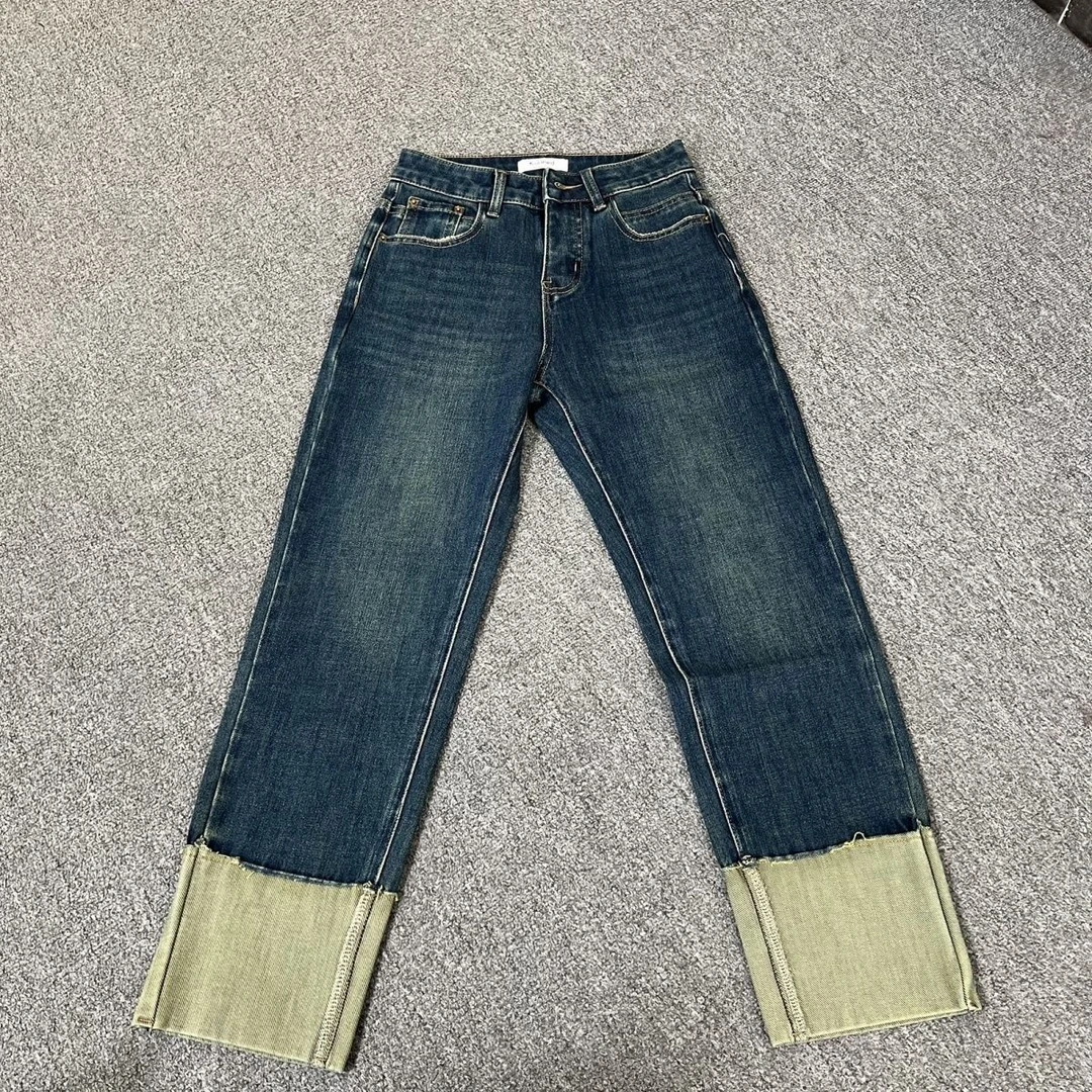 1858撤柜牛仔裤休闲高腰秋冬裤子复古小个子显瘦翻边拼接九分筒裤