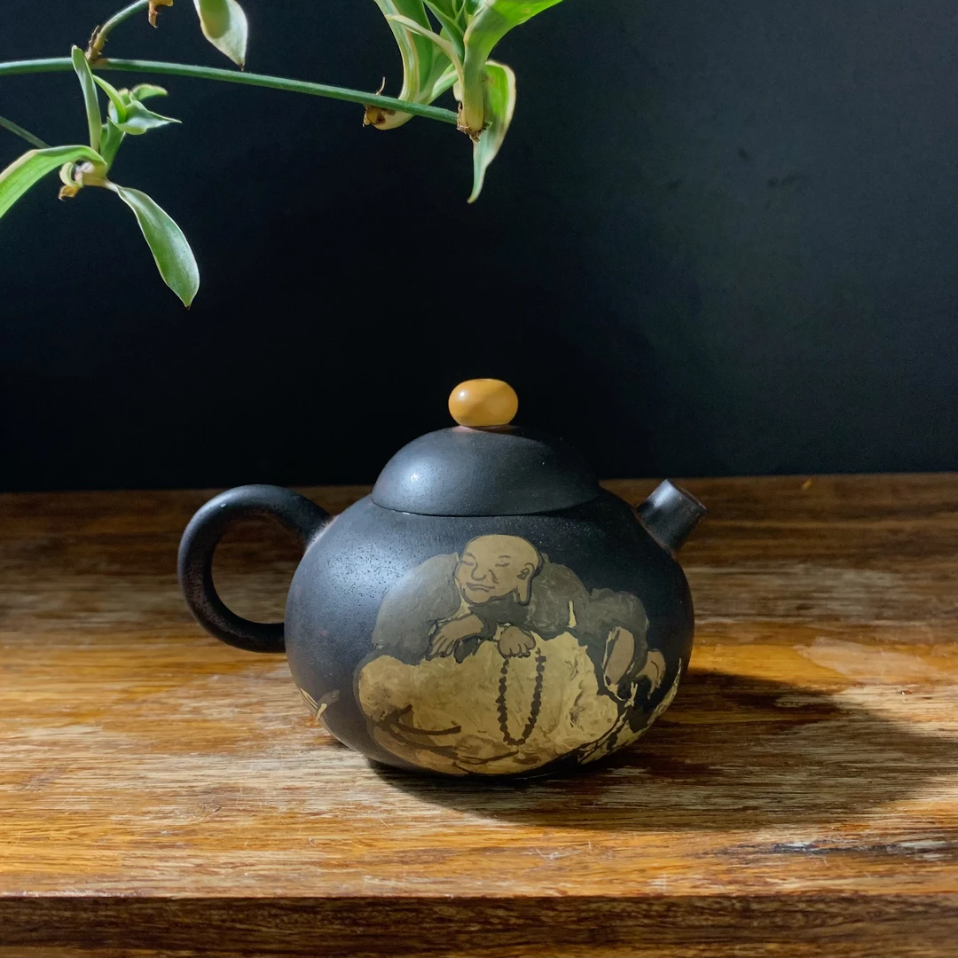 云南建水紫陶茶壶复烧碳化茶壶多道彩填禅意泡茶壶复古手磨球孔壶