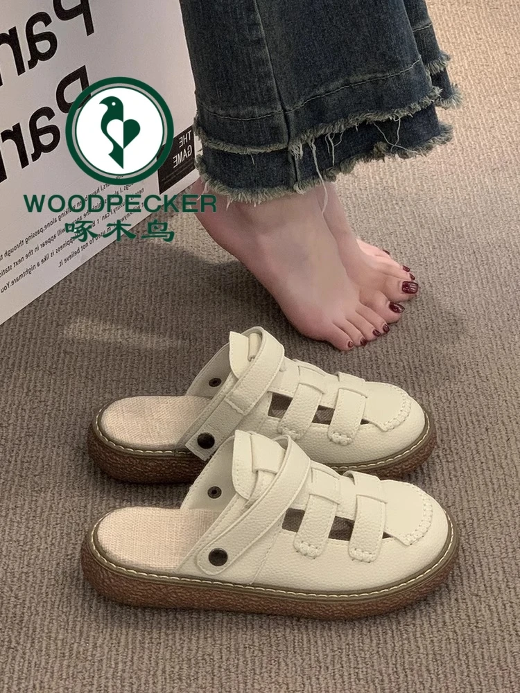 啄木鸟两穿镂空包头凉鞋女2025夏季新款厚底森系罗马半拖鞋夏外穿