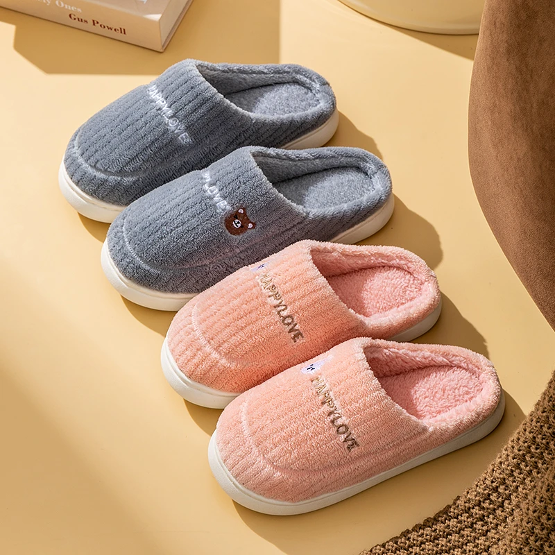 刺绣糯米条棉拖鞋秋冬季防滑保暖居家毛绒拖鞋情侣 毛拖软底BY
