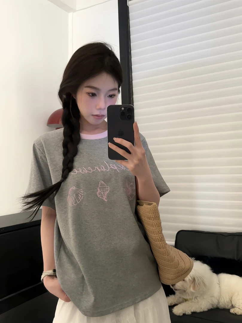 BèBè 夏日韩系ins风短袖撞色领口百搭印花上衣女显瘦纯棉圆领T恤