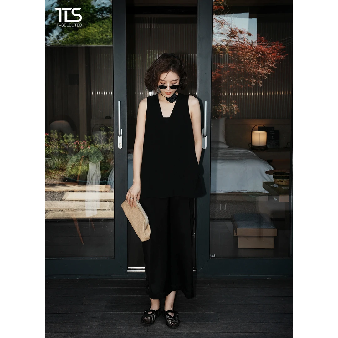 TT【小黑裙】日本进口三醋酸气质假两件无袖背心连衣裙1461