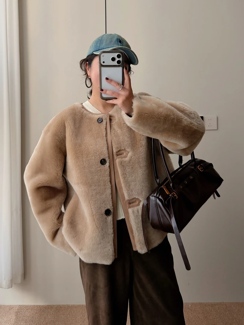 FC南非洛曼美利奴羊毛皮毛一体显瘦宽松落肩长短款小个子皮草外套