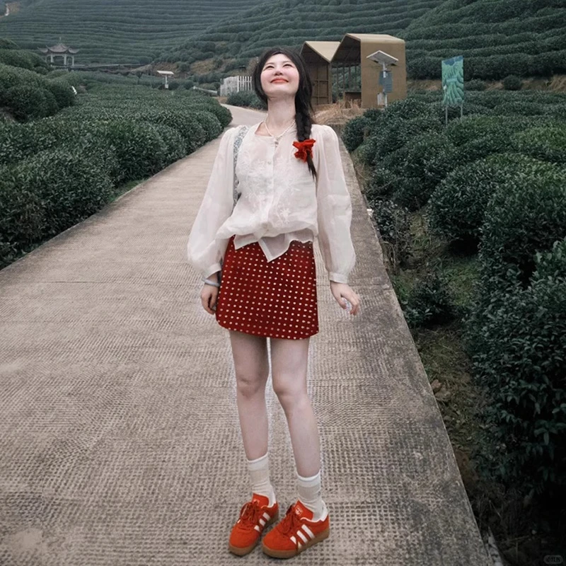 红色波点半裙欧若风半身裙女2025夏裙子多巴胺短裙绝美小裙半裙