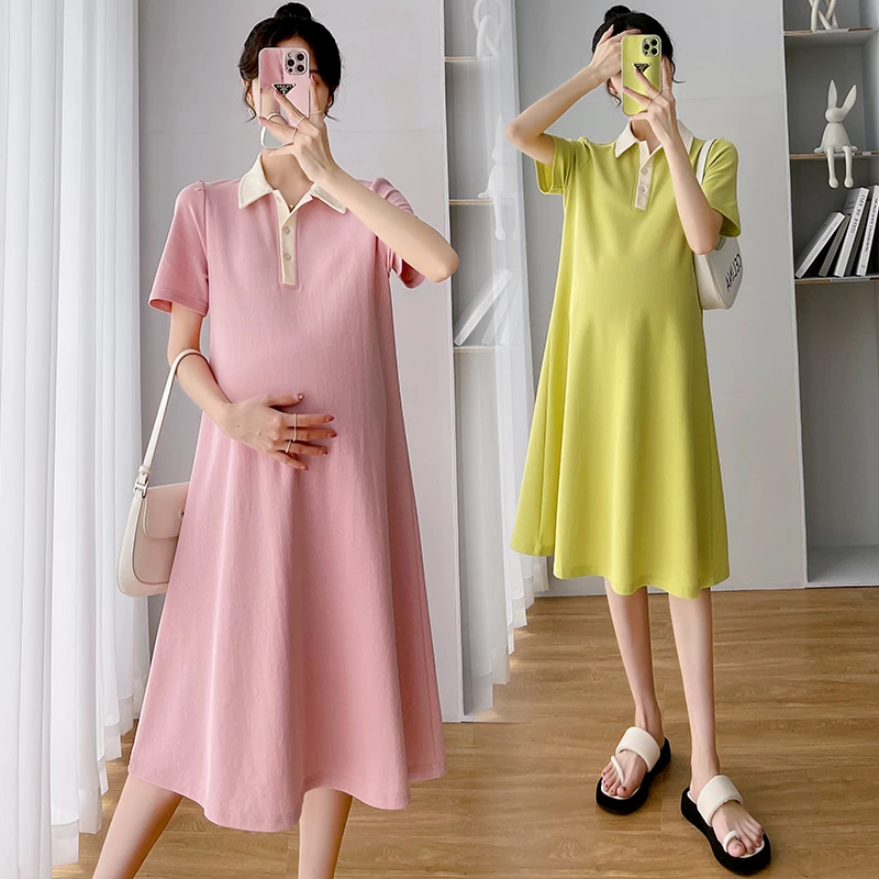 孕妇装夏装2025新款时尚款韩版polo领孕妇连衣裙中长款短袖上衣女