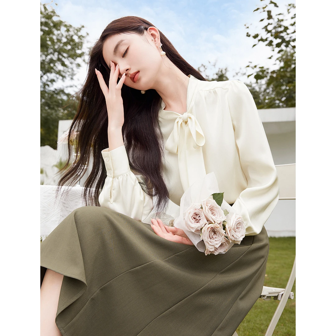 【香影】C833132衬衫 飘带蝴蝶结雪纺衬衫女长袖新款衬衣垂感
