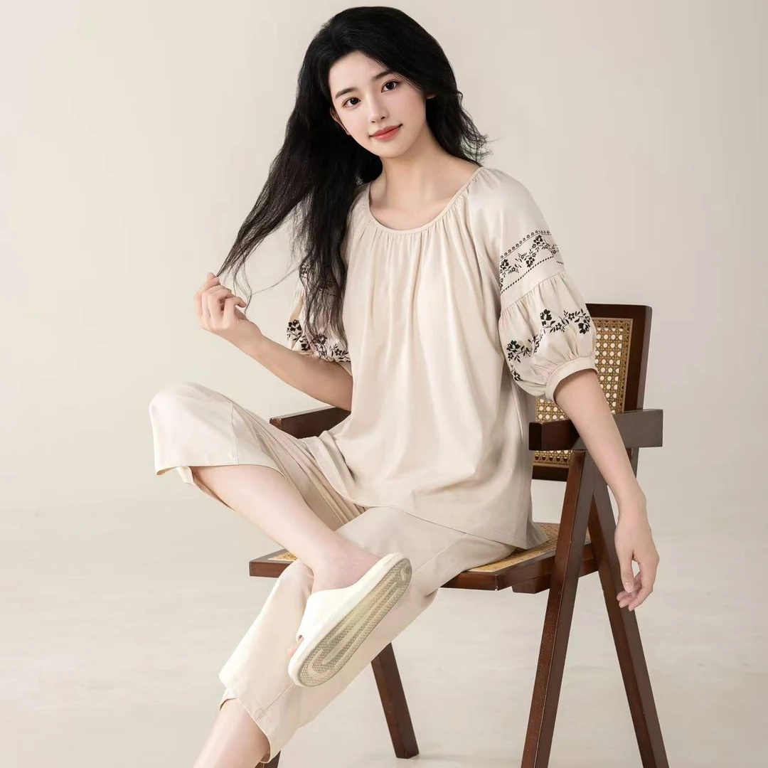 力婷睡衣女春夏季新款休闲慵懒风带胸垫半袖家居服薄款套装可外穿