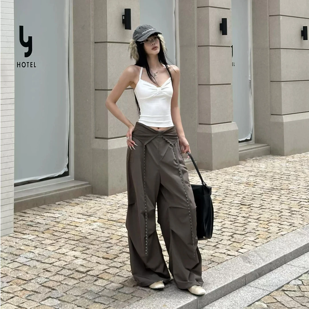 美式街头风军绿色工装裤女夏季新款设计感高腰显瘦垂感阔腿裤