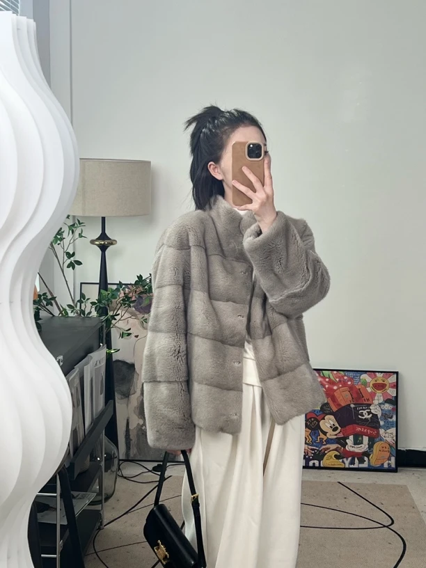 冬季新品横排立领水貂短款外套天鹅绒级进口整貂年轻款外套65cm