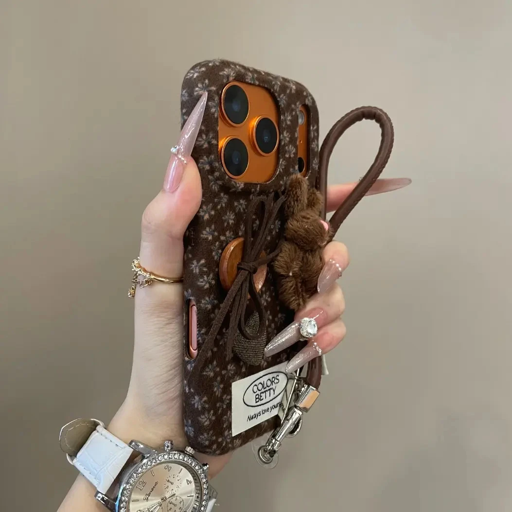 韩系绒布碎花立体纽扣小兔适用iPhone17手机壳16小众15pro硬14pm