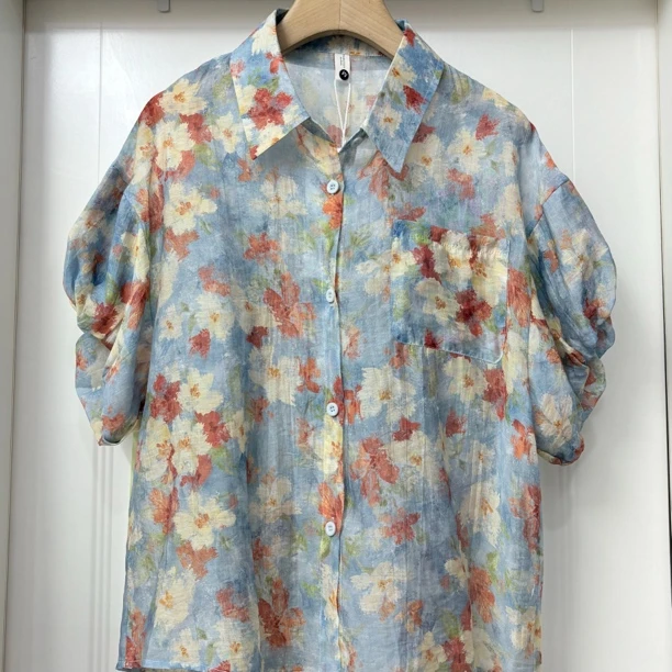 不起球碎花六分袖浅蓝碎花衬衫潮流女装女款夏季时尚