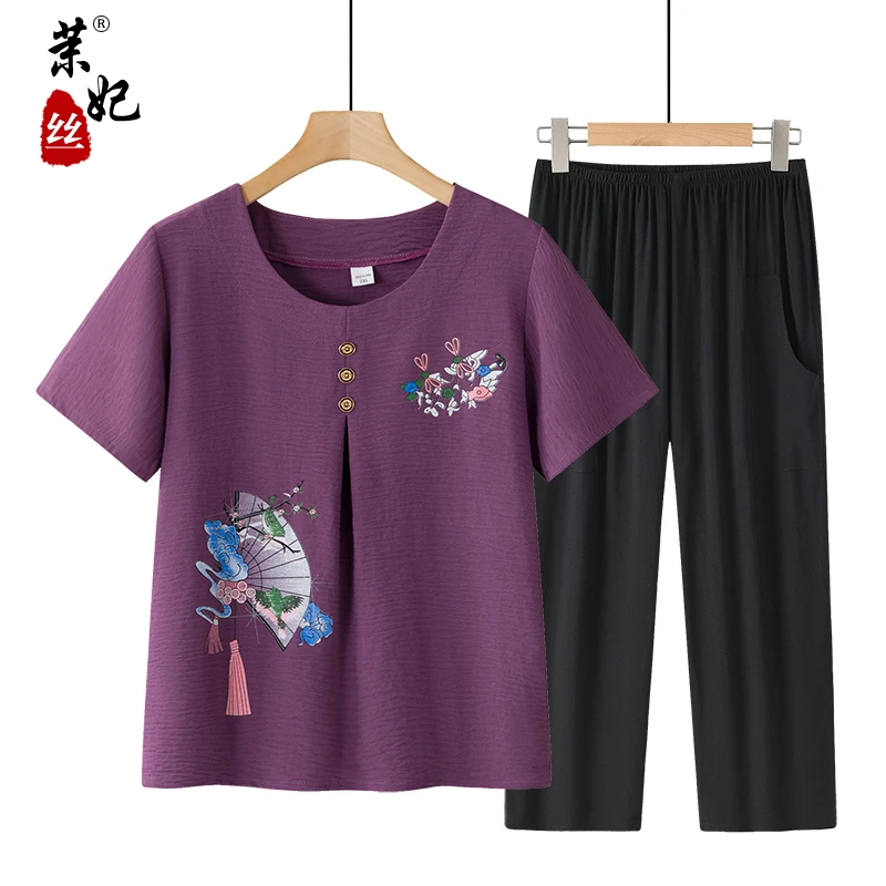 妈妈夏装中老年人短袖奶奶套装2025新款t恤上衣薄款小衫套装夏季
