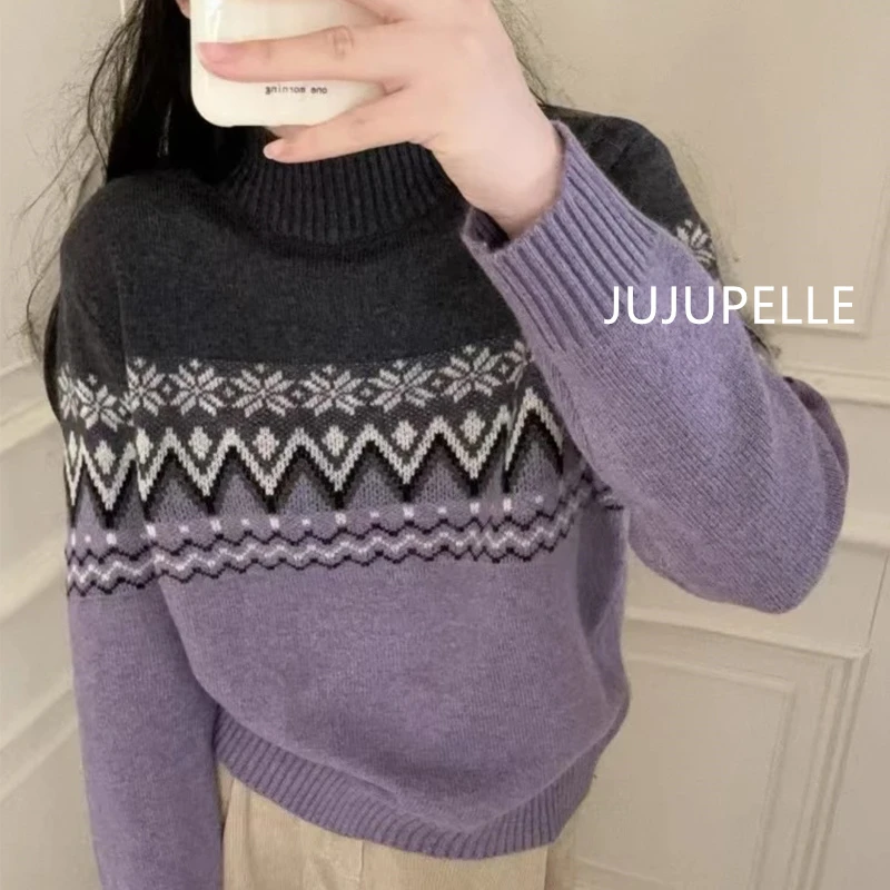 费尔岛软糯提花圆领毛衣2025秋冬新款洋气宽松显瘦针织衫女打底衫