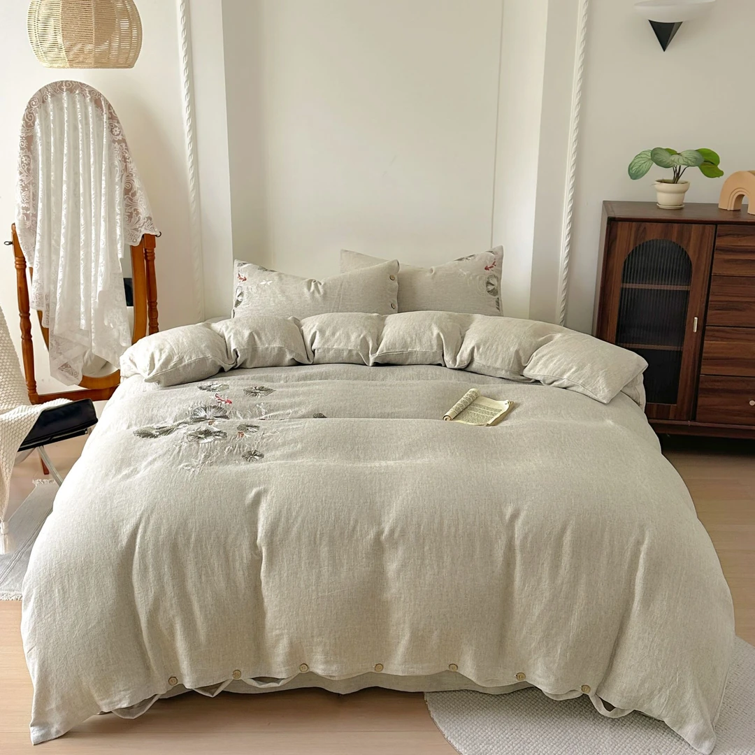 莲叶何田田——汉麻手工轻奢刺绣四件套