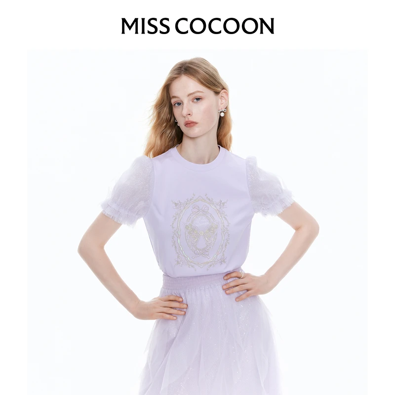 MISSCOCOON可可尼泡泡袖紫色刺绣T恤女2025夏季新款蕾丝亮片上衣