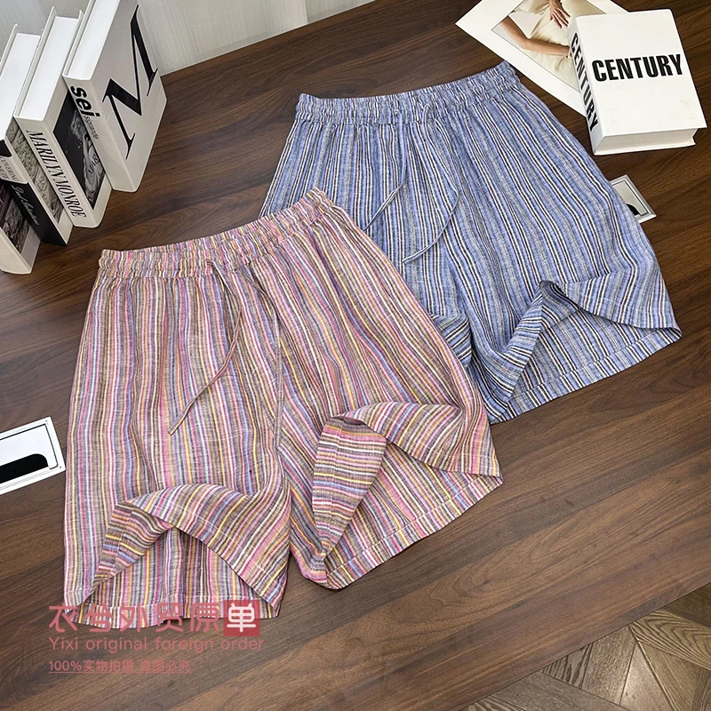 (直播撞色彩条亚麻休闲裤)8687夏季度假风轻薄透气百搭五分裤H