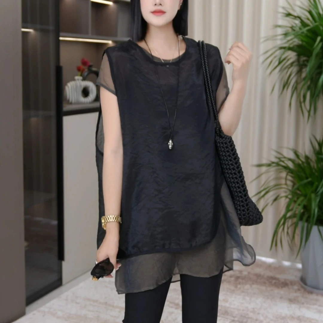 韩版夏季新款时尚薄款微透圆领宽松不规则两件套T恤（529）