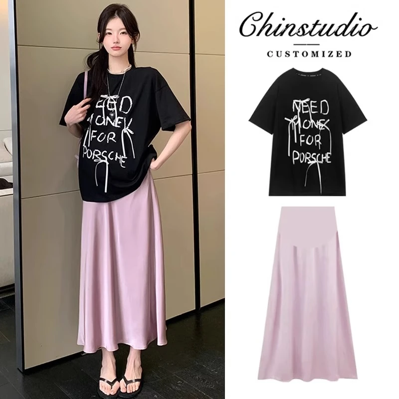 孕妇夏装套装2025新款孕期法式半身裙穿搭T恤短袖上衣夏天两件套