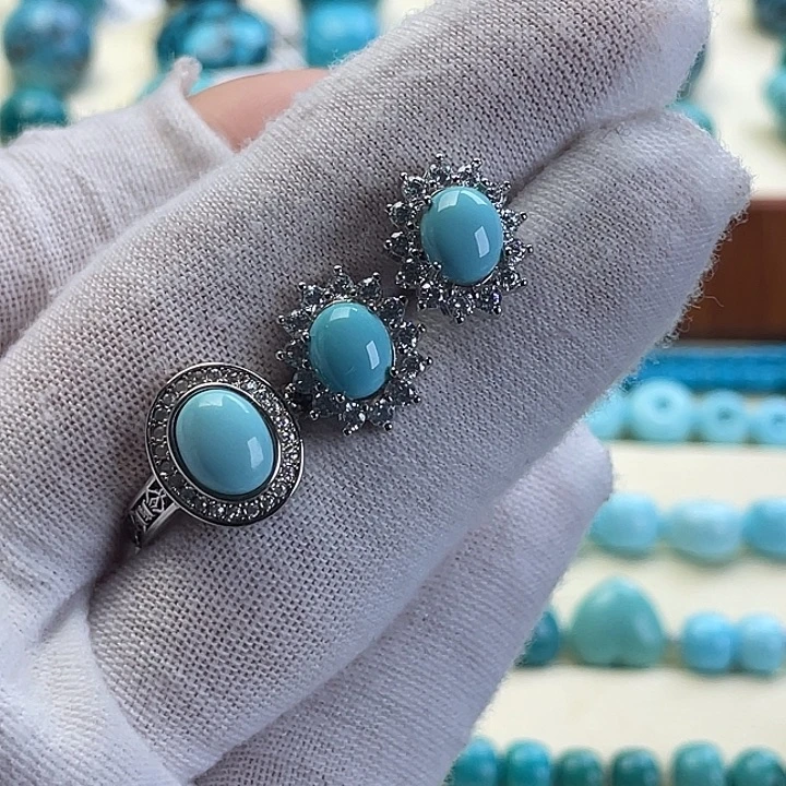 绿松石银S925镶嵌耳饰套装