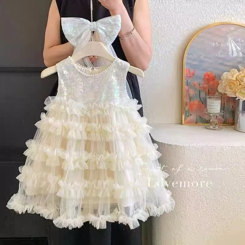 女童连衣裙夏2025新款洋气女宝宝周岁背心裙礼服层层蛋糕裙带头纱
