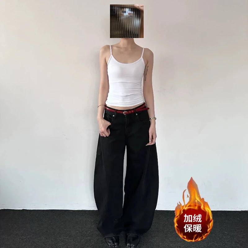 美式辣妹宽松慵懒松弛感加绒加厚牛仔裤子女复古水洗百搭弯刀裤潮